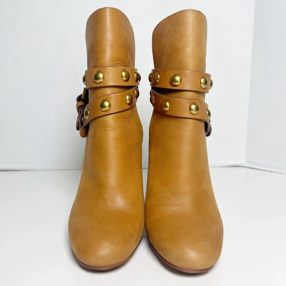•SEE BY CHLOE• Janis Heeled Bootie in Brown Leather Gold Studded Size EU 35/US 5